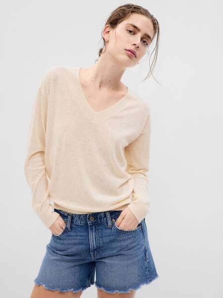 Beige Linen-Blend V-Neck Jumper (Q35299) | £22