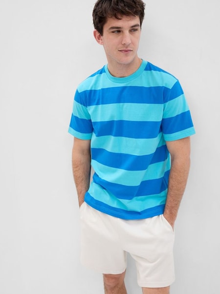 Blue Stripe Organic Cotton Short Sleeve Crewneck T-Shirt (Q35400) | £9