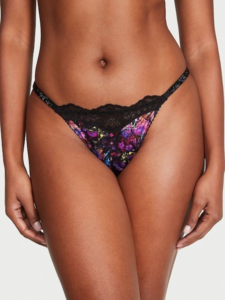 Moody Floral Black Lace Thong Shine Strap Knickers (Q37768) | £10