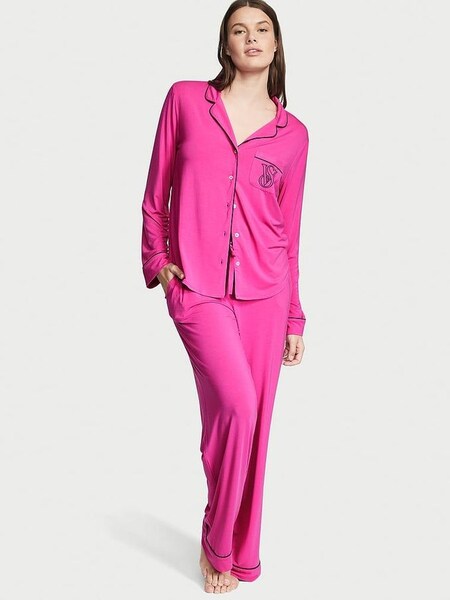 Fuschia Frenzy Pink Pocket Embroidery Modal Long Pyjamas (Q38651) | £59