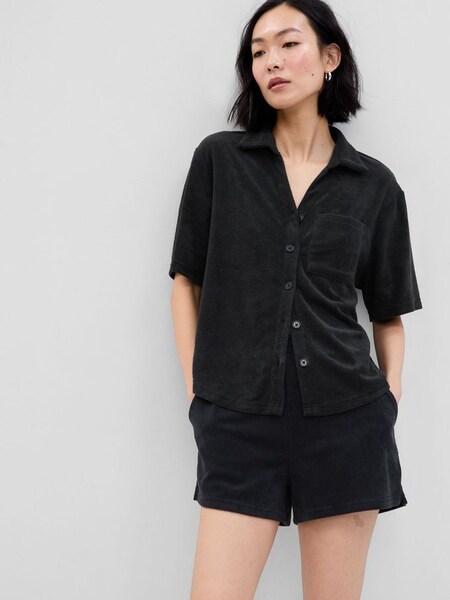 Black Towelling Short Sleeve Loose Shirt (Q39032) | £17