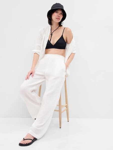 White Crinkle Gauze Wide Leg Cotton Trousers (Q39631) | £22