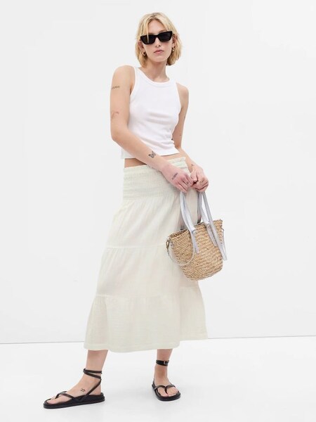 White Smocked Tiered Midi Skirt (Q40274) | £22