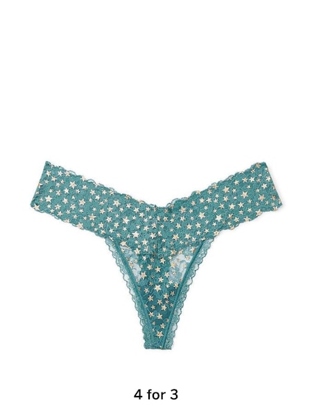 French Sage Green Twinkling Stars Foil Print Thong Lace Knickers (Q41515) | £9