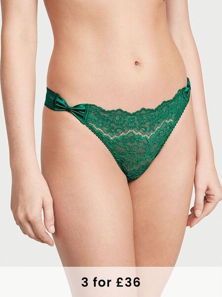 Spruce Green Satin Bow Lace Thong Knickers (Q41533) | £14