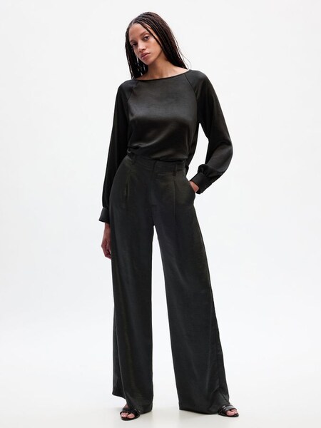 Black High Waisted Pleated Satin Wide Leg Trousers (Q43280) | £55