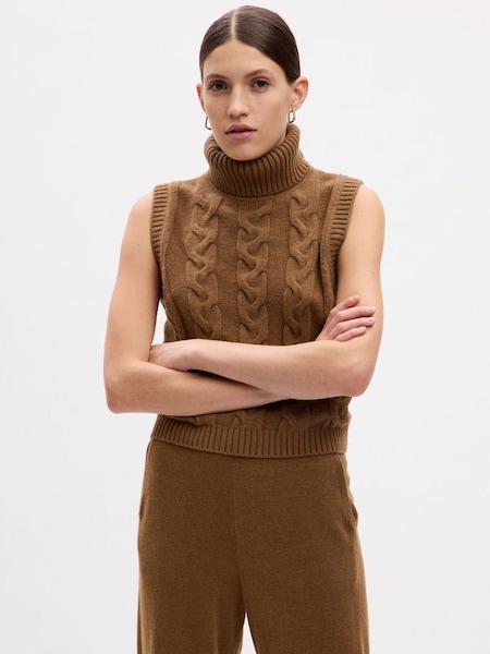 Brown Cable Knit Turtle Neck Sleeveless Jumper (Q43313) | £45