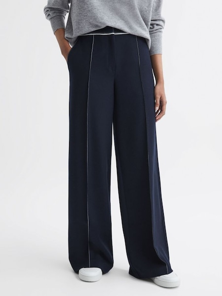 Contrast Stitch Wide Leg Trousers in Navy (Q44811) | £78