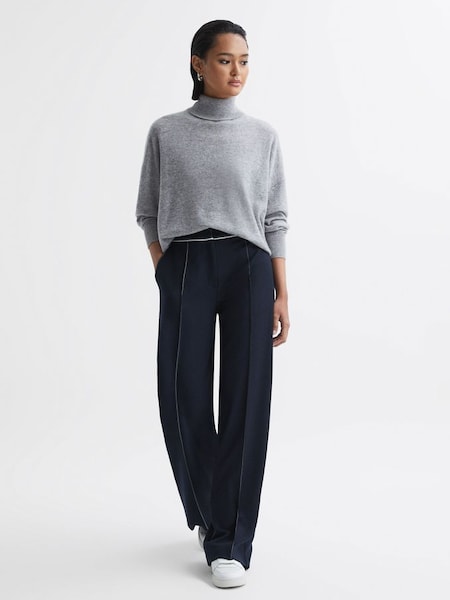 Petite Contrast Stitch Wide Leg Trousers in Navy (Q44829) | £78