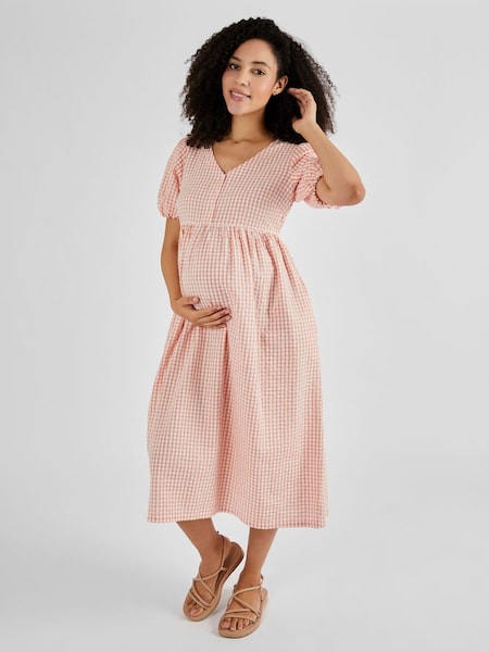Coral Gingham Puff Sleeve Maternity Midi Dress (Q50714) | £49.50
