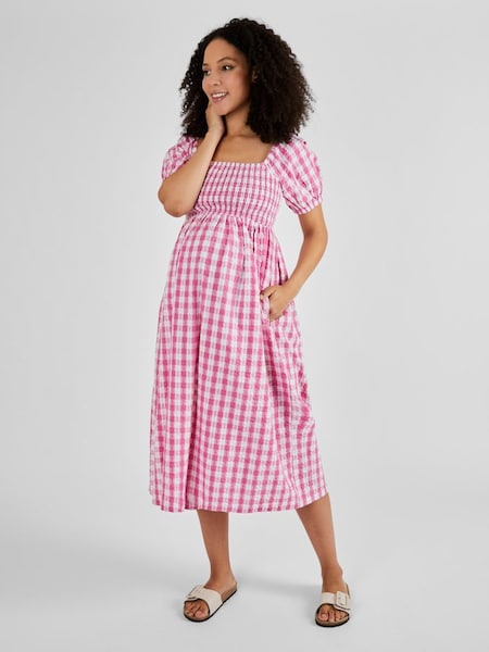 Pink Gingham Shirred Maternity Midi Dress (Q50717) | £49.50