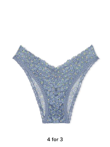 Dusty Iris Blue Ditsy Floral Lace V-Front Brazilian Knickers (Q57248) | £9