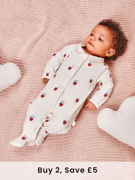 Strawberry Embroidered Cotton Baby Sleepsuit (Q57312) | £21
