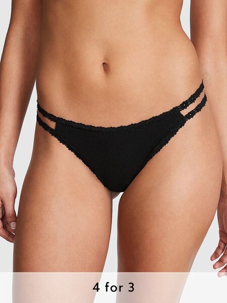 Pure Black Lace Trim Strappy Rib Thong Knickers (Q57342) | £9