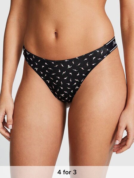 Pure Black Ditsy Floral Cotton Logo Scoop Thong Knickers (Q57386) | £9