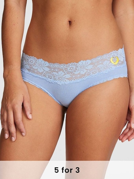 Harbor Blue Print Embroidery Lace Trim Rib Hipster Knickers (Q57411) | £9