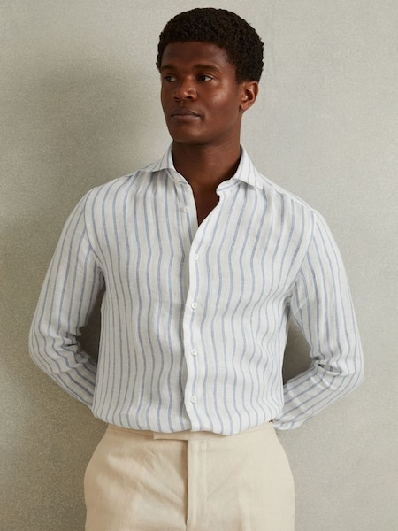 Linen Button-Through Shirt in Blue Stripe (Q60906) | £110