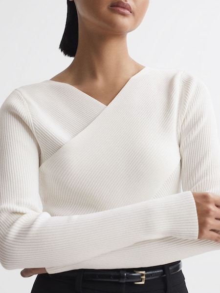 Knitted Wrap Long Sleeve Top in Ivory (Q60996) | £58