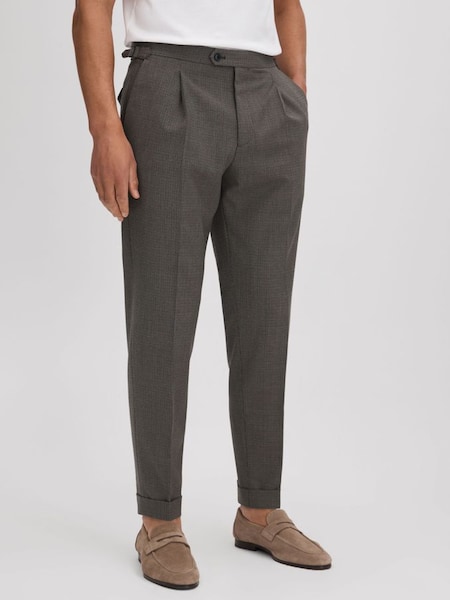 Slim Fit Wool Blend Puppytooth Trousers in Brown (Q61007) | £88