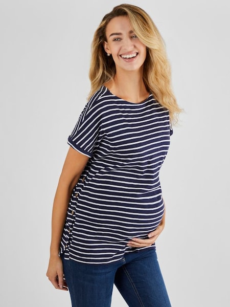 Navy Blue & White Stripe Drop Shoulder Maternity & Nursing T-Shirt (Q63578) | £20