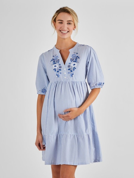 Tiered Embroidered Maternity Shirt Dress in Blue (Q63582) | £46