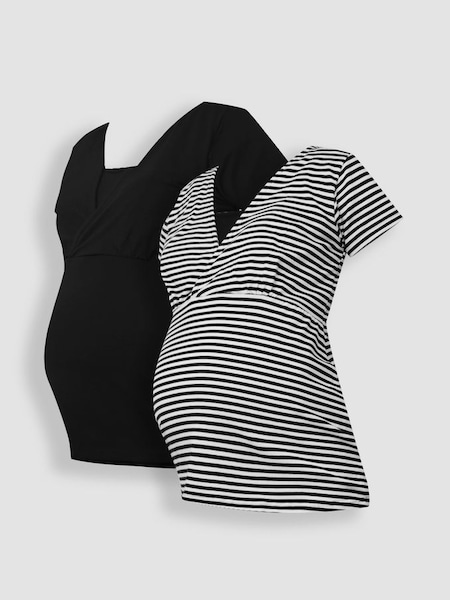 Black & Black Ecru Cream Stripe 2-Pack Maternity & Nursing T-Shirts (Q63584) | £36