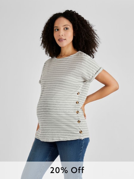 Grey & Ecru Cream Stripe Drop Shoulder Maternity & Nursing T-Shirt (Q63586) | £26