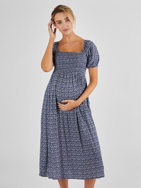 Navy Blue Ditsy Shirred Maternity Midi Dress (Q63587) | £49.50