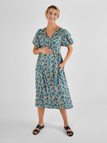 Blue Yellow Floral Puff Sleeve Maternity Midi Dress (Q63601) | £49.50