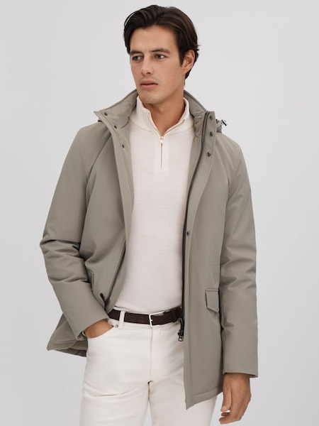 Water Repellent Removable Hooded Coat in Taupe (Q63666) | £328