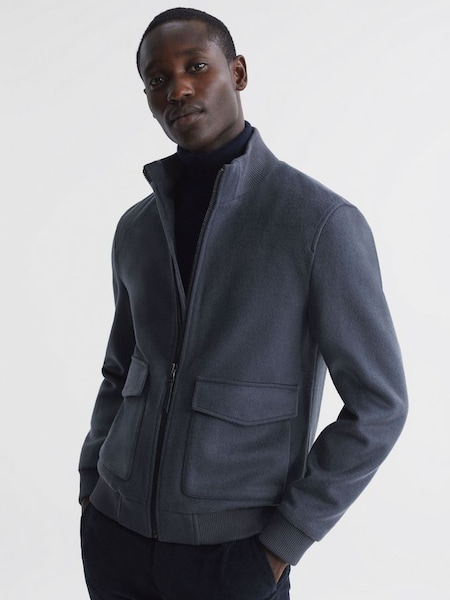 Wool Blend Zip-Through Jacket in Airforce Blue (Q63675) | £150