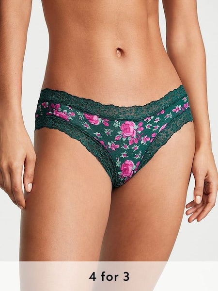 Black Ivy Green Moody Roses Posey Lace Trim Cotton Cheeky Knickers (Q66703) | £9