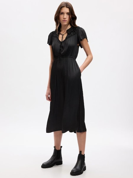 Black Ruffle Neck Short Sleeve Midi Dress (Q68146) | £70