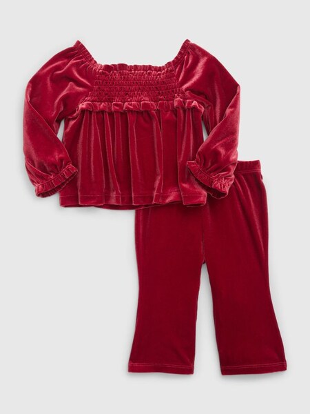 Pink Velvet Smocked Long Sleeve Outfit Set (Q68402) | £20