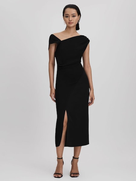 Asymmetric Bodycon Midi Dress in Black (Q69264) | £228