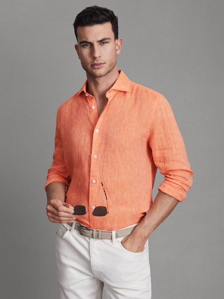 Linen Button-Through Shirt in Peach (Q69270) | £98