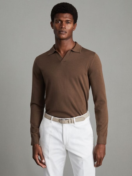 Merino Wool Open Collar Polo Shirt in Pecan Brown (Q71083) | £50