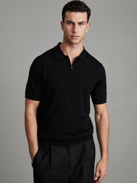 Merino Wool Half-Zip Polo Shirt in Black/Gunmetal (Q71092) | £88
