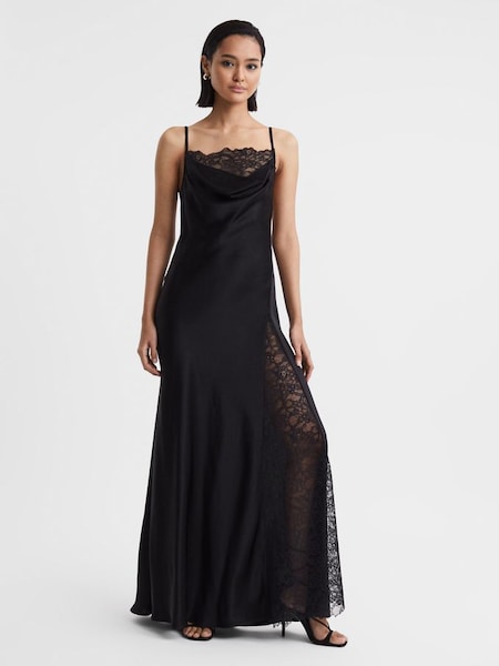 Anna Quan Satin Lace Cowl Neck Maxi Dress in Black (Q72180) | £725