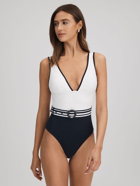 Colourblock Belted Swimsuit in White/Navy (Q72197) | £110