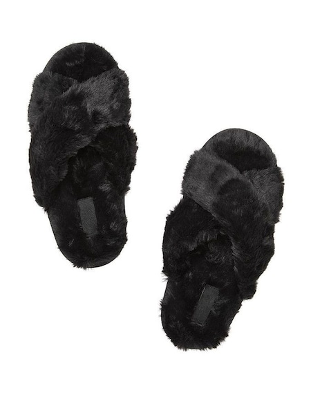 Pure Black Faux Fur Crossover Slippers (Q73789) | £20
