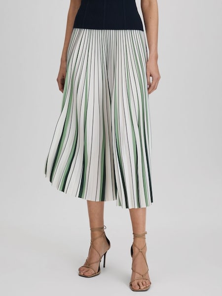 Pleated Striped Midi Skirt in Green/Cream (Q74808) | £158