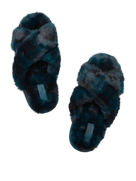 Black Ivy Green Tartan Faux Fur Crossover Slippers (Q74818) | £20