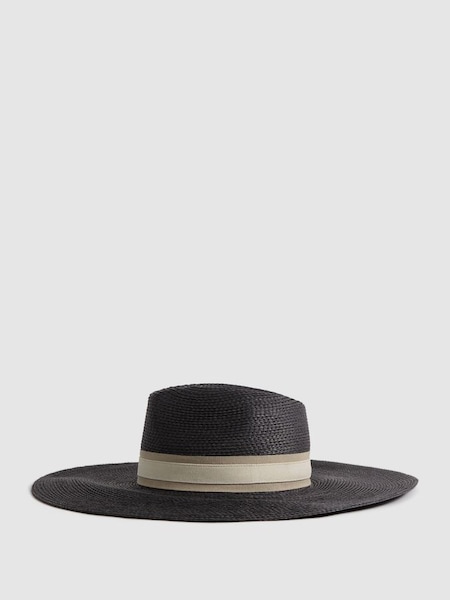 Raffia Wide Brim Sun Hat in Black (Q76627) | £98