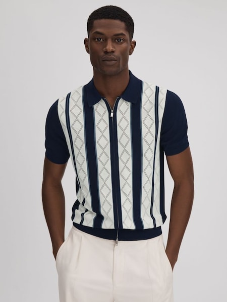 Colourblock Zip-Through T-Shirt in Navy/White (Q77356) | £128