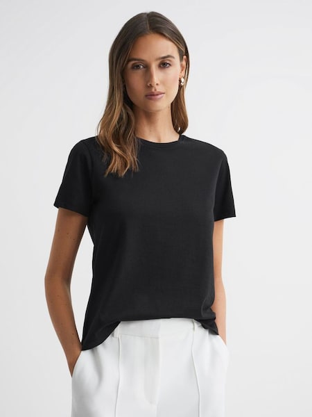 Cotton Crew Neck T-Shirt in Black (Q77393) | £28