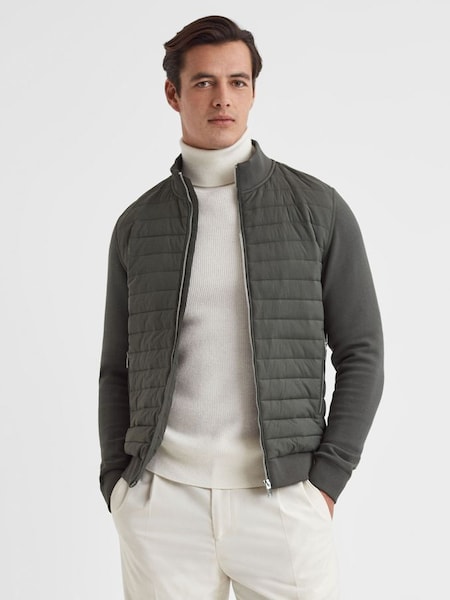Hybrid Quilt and Knit Zip-Through Jacket in Sage (Q77738) | £168