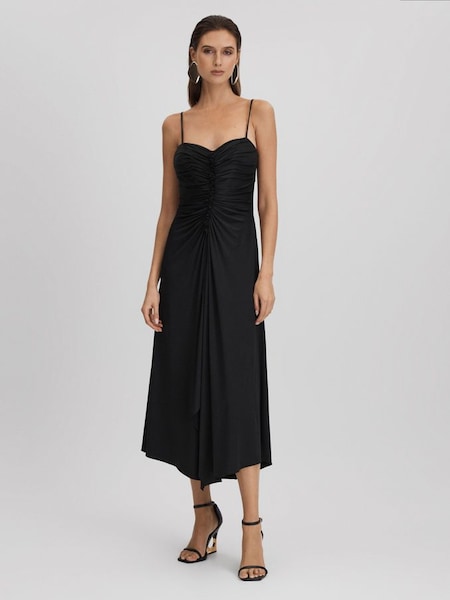 Halston Ruched Jersey Midi Dress in Black (Q77749) | £484