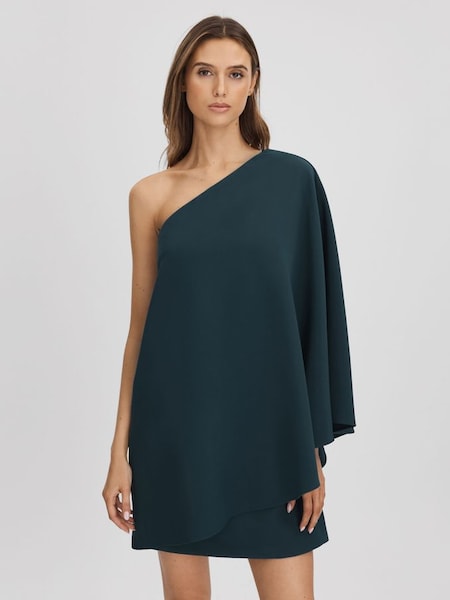 Halston One-Shoulder Cape Sleeve Mini Dress in Jasper (Q77763) | £414