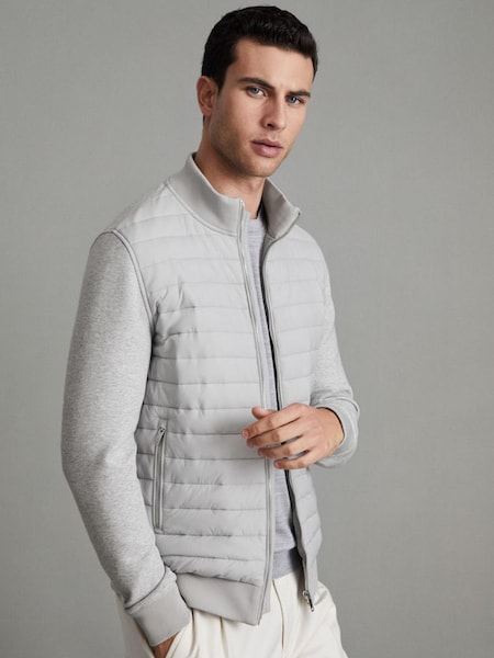 Hybrid Quilt and Knit Zip-Through Jacket in Soft Grey Melange (Q77789) | £168